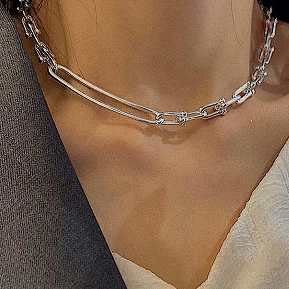 Sterling Silver U Link Horseshoe Chain Link Unisex Paperclip Choker Necklace - Picture 4 of 7